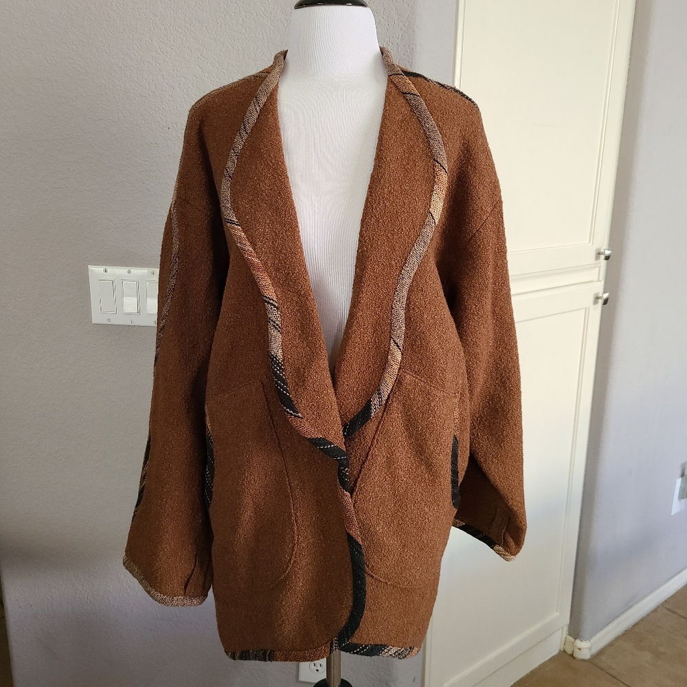 Candiss Cole Art to Wear Brown Open Front Sweater Jacket Women's Size Small